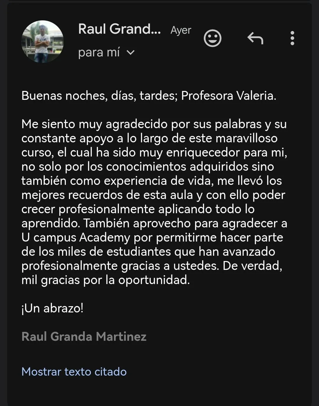 Testimonio de Raúl Granda Martínez sobre su curso